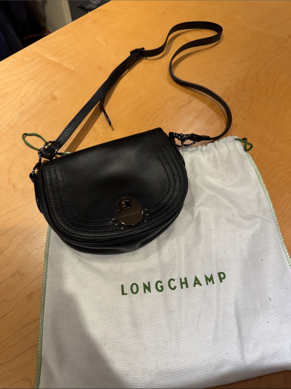 Longchamp Black Leather Crossbody Saddle Bag with Silver Hardware